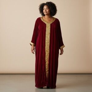 Phases Vintage Burgundy Velvet Caftan Robe Gold Trim Boho Lounge Hostess Gown 2X